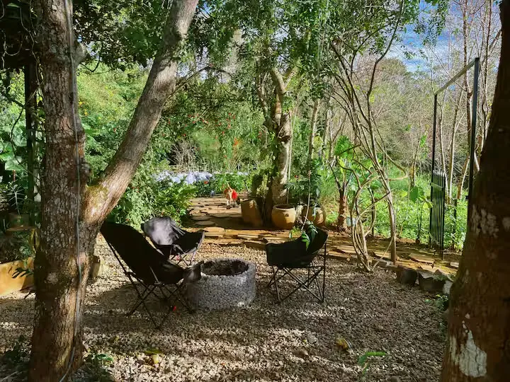 Folding chairs arranged around a stone fire ring in a gravel garden clearing.